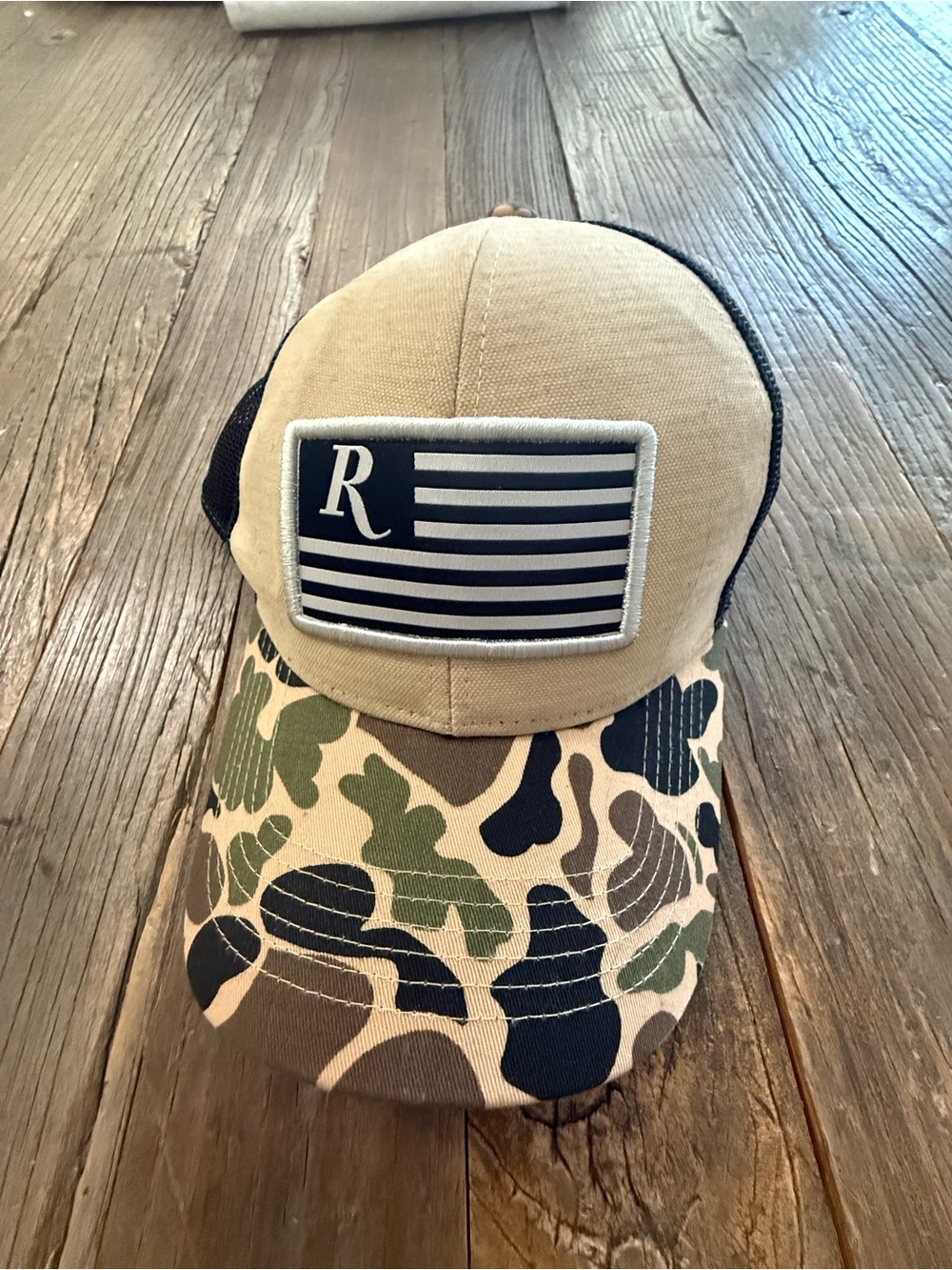 Remington Tan & Camouflage Trucker Hat with Flag Patch